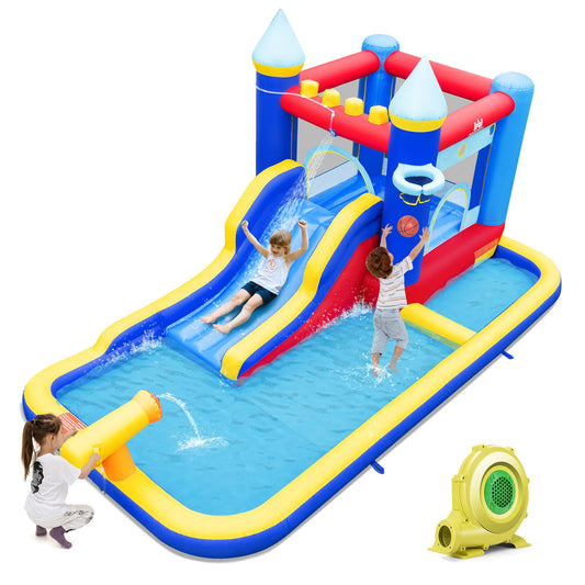 Inflatable Water Slide Bounce House with 680W Blower and 2 Pools, Multicolor
