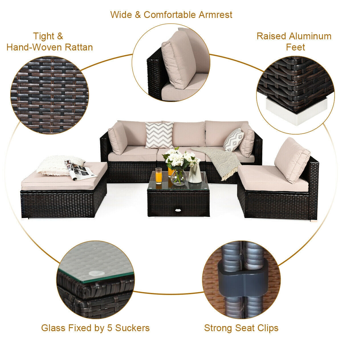 6 Piece Outdoor Patio Rattan Furniture Set, Beige Outdoor Sectionals at Gallery Canada