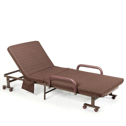 Adjustable Guest Single Bed Lounge Portable Wheels, Brown