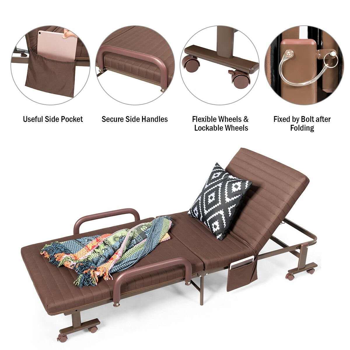 Adjustable Guest Single Bed Lounge Portable Wheels, Brown at Gallery Canada