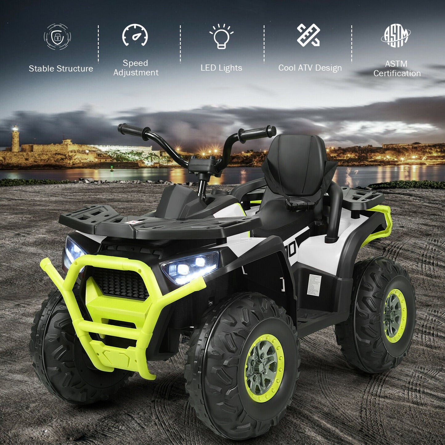 Quad ATV électrique à 4 roues pour enfants, 12 V, avec MP3 et lumières LED, blanc