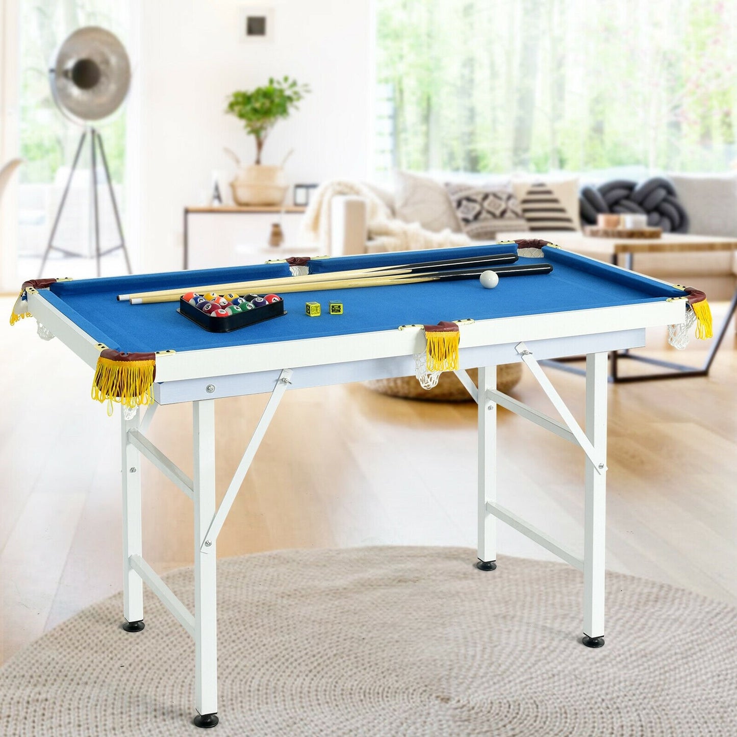 47 Inch Folding Billiard Table with Cues and Brush Chalk, Blue at Gallery Canada