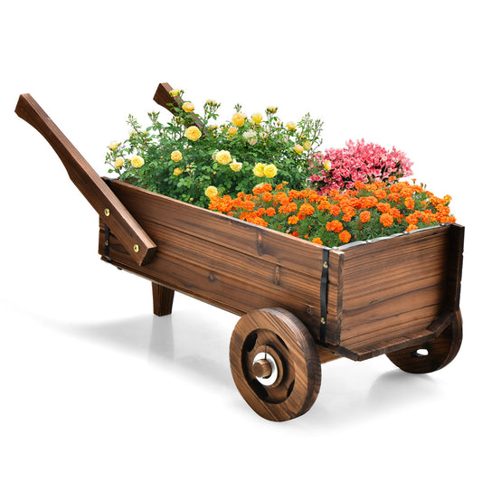 Wooden Wagon Planter Box with Wheels Handles and Drainage Hole, Rustic Brown