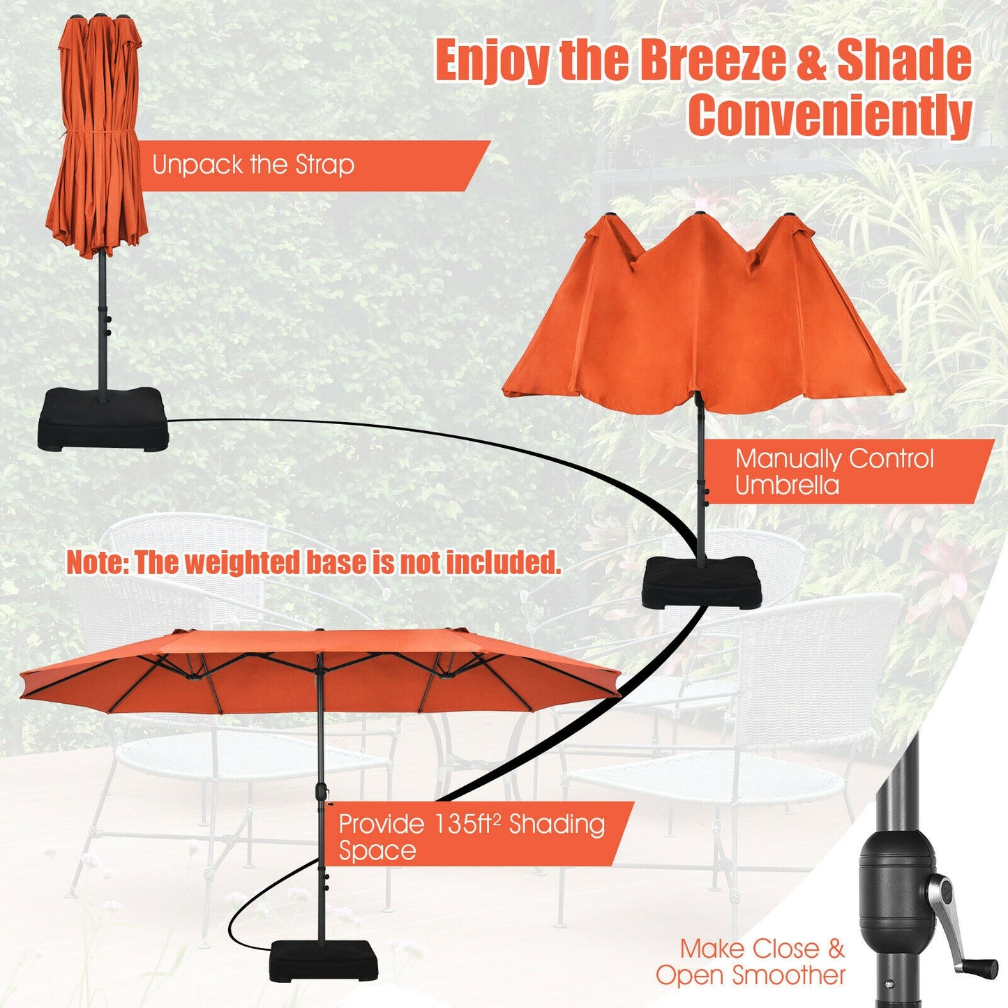 15 Feet Patio Double-Sided Umbrella with Hand-Crank System, Orange Outdoor Umbrellas at Gallery Canada