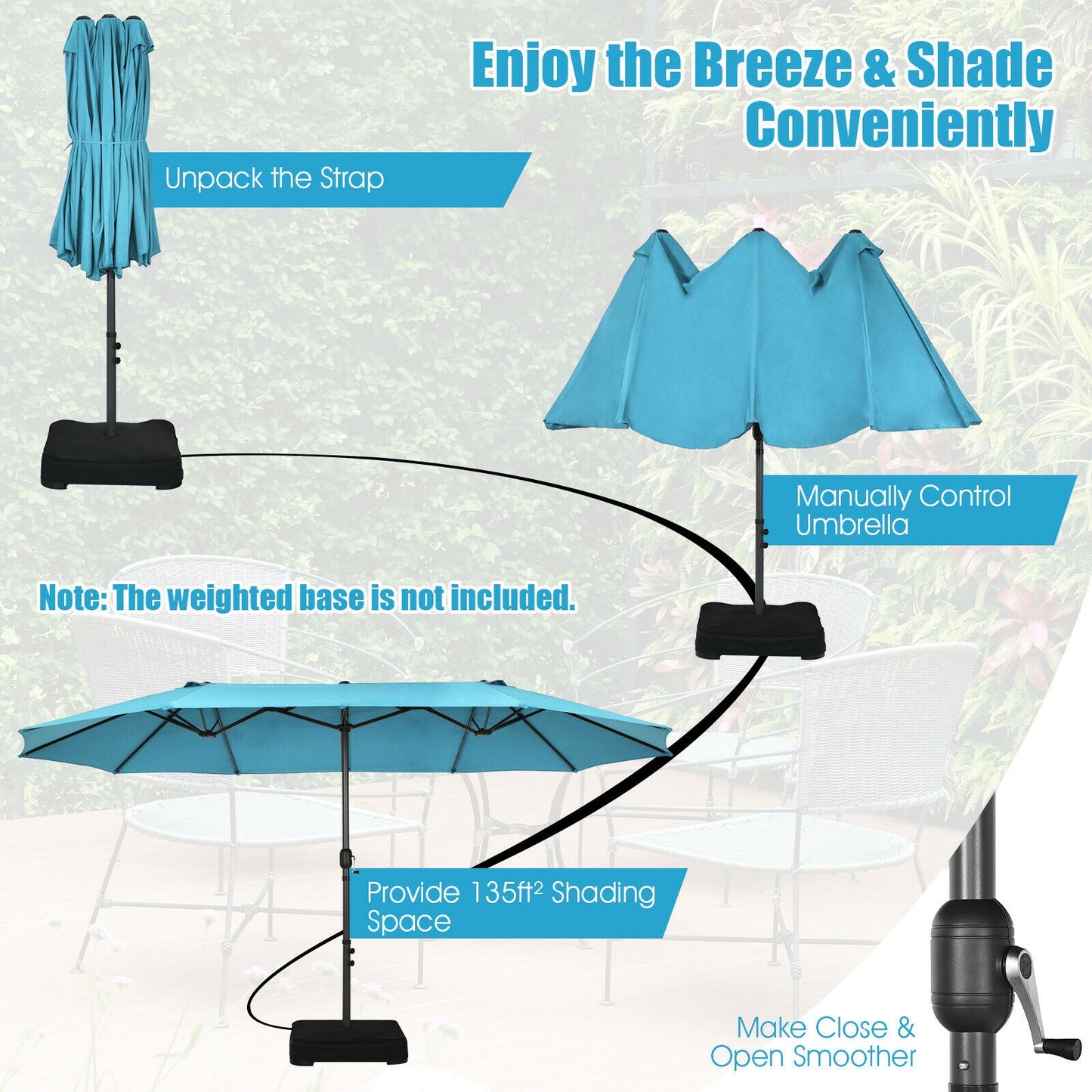 15 Feet Patio Double-Sided Umbrella with Hand-Crank System, Turquoise Outdoor Umbrellas at Gallery Canada