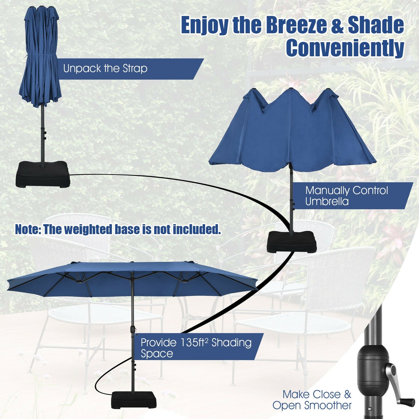 15 Feet Patio Umbrella, Hand-Crank System, Navy Outdoor Umbrellas at Gallery Canada