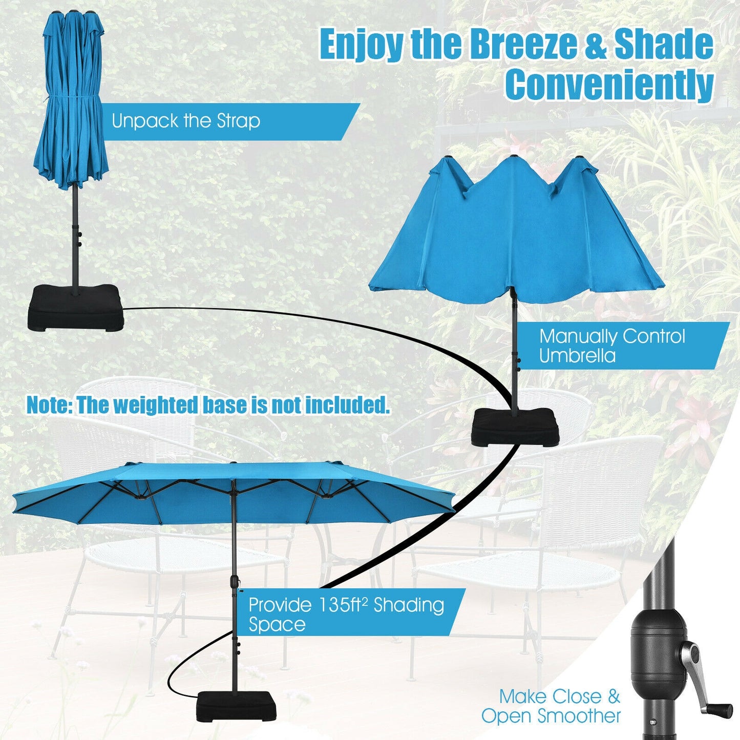 15 Feet Patio Umbrella, Hand Crank, Blue Outdoor Umbrellas at Gallery Canada
