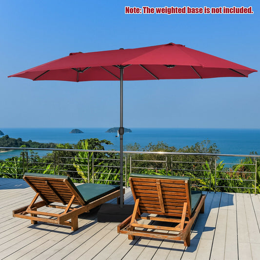 15 Feet Double-Sided Patio Umbrella, Hand-Crank System, Dark Red