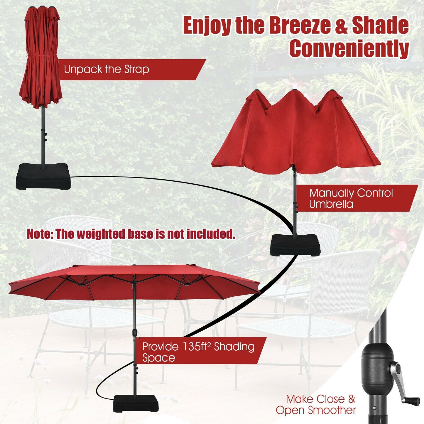 15 Feet Double-Sided Patio Umbrella, Hand-Crank System, Dark Red Outdoor Umbrellas at Gallery Canada