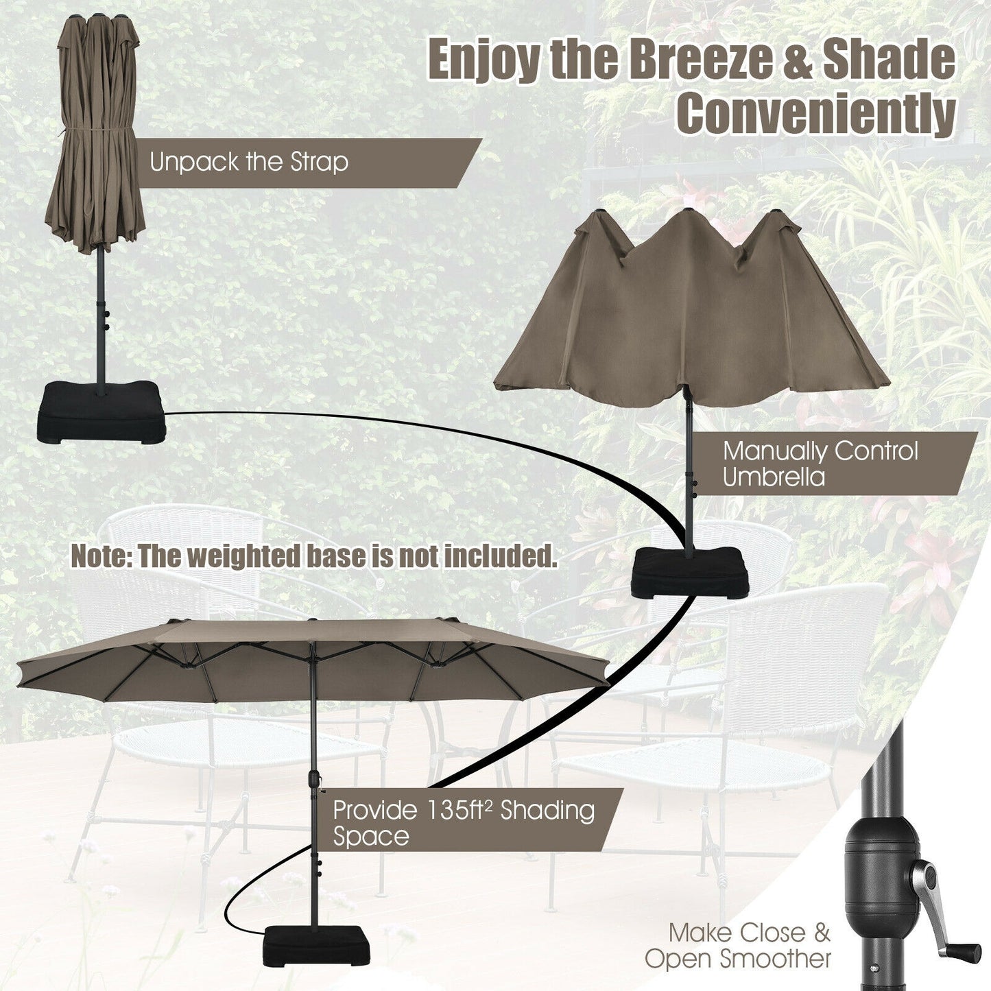 15 Feet Patio Umbrella, Hand-Crank System, Brown Outdoor Umbrellas at Gallery Canada