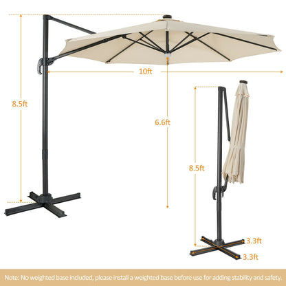 10FT Cantilever Solar Umbrella 28LED Lighted Patio Offset Tilt 360° for Outdoor, Beige at Gallery Canada