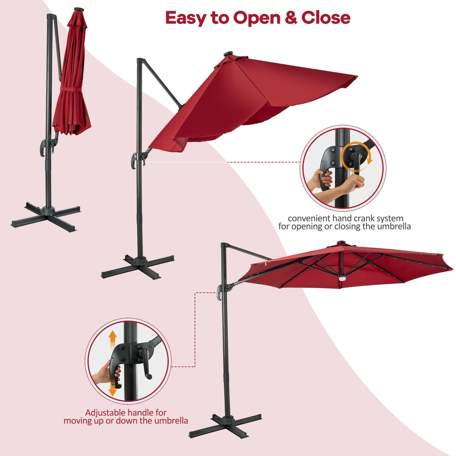 10FT Cantilever Solar Umbrella 28LED Lighted Patio Offset Tilt 360° for Outdoor, Red at Gallery Canada