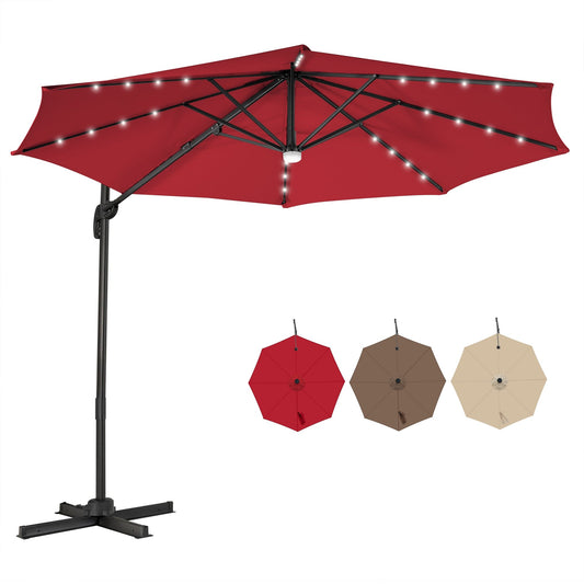 10FT Cantilever Solar Umbrella 28LED Lighted Patio Offset Tilt 360° for Outdoor, Red at Gallery Canada