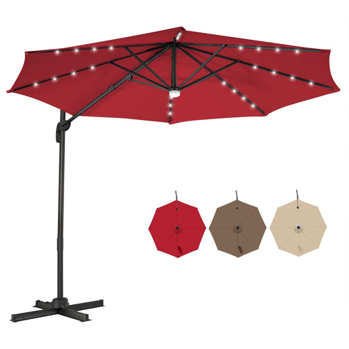 10FT Cantilever Solar Umbrella 28LED Lighted Patio Offset Tilt 360° for Outdoor, Red