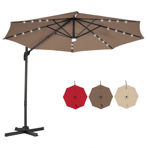 10FT Cantilever Solar Umbrella 28LED Lighted Patio Offset Tilt 360° for Outdoor, Brown