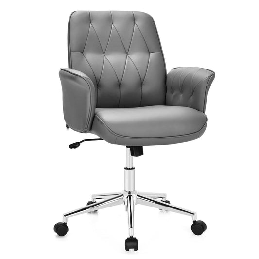 Modern Home Office Leisure Chair PU Leather Adjustable Swivel with Armrest, Gray