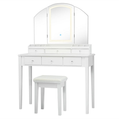 Vanity Table Stool Set with Large Tri-folding Lighted Mirror, White at Gallery Canada