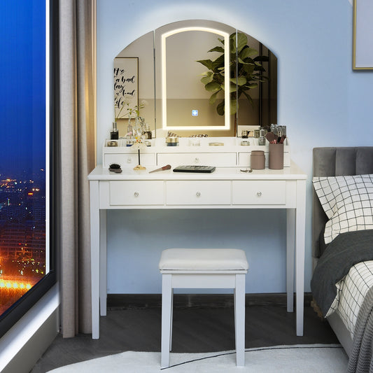 Vanity Table Stool Set, Large Tri-Folding Lighted Mirror, White Makeup Vanities White at Gallery Canada