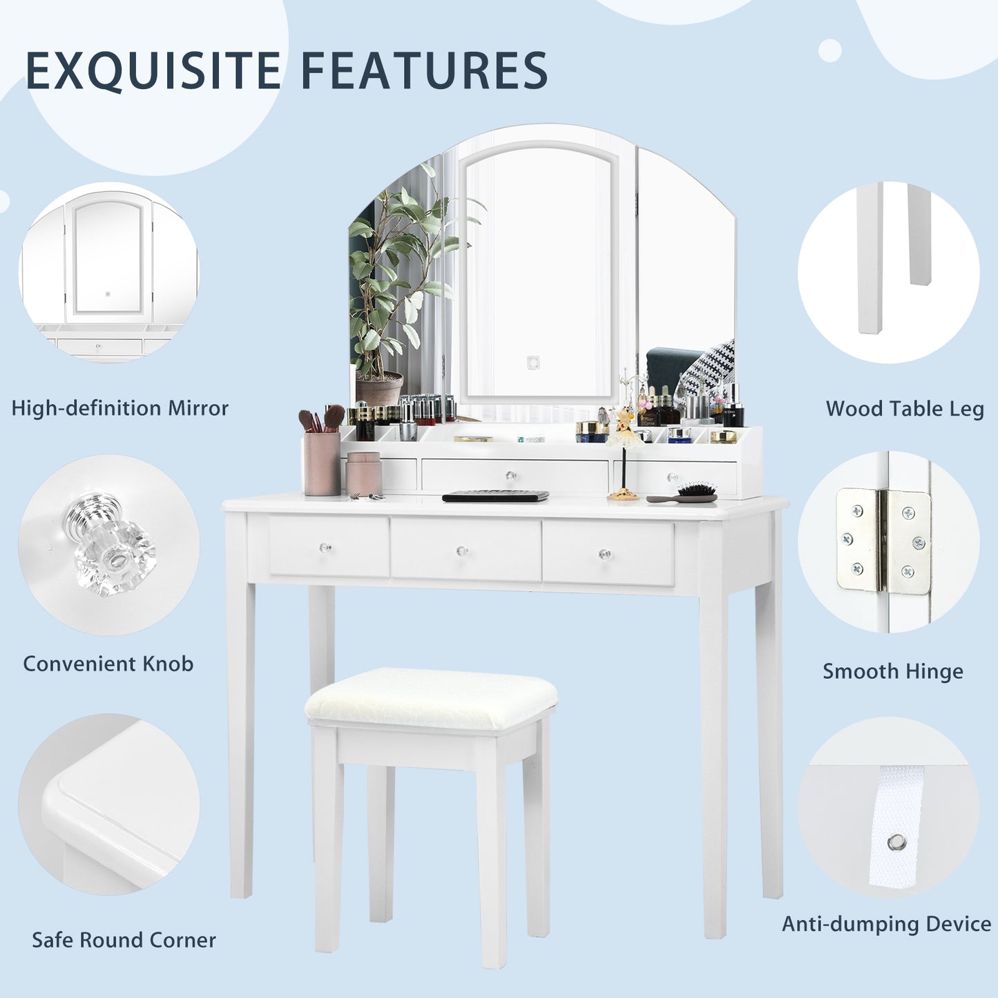 Vanity Table Stool Set, Large Tri-Folding Lighted Mirror, White Makeup Vanities at Gallery Canada