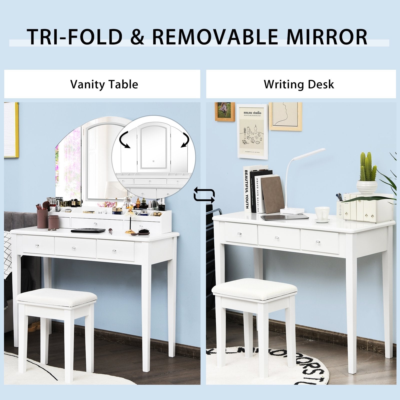 Vanity Table Stool Set with Large Tri-folding Lighted Mirror, White at Gallery Canada
