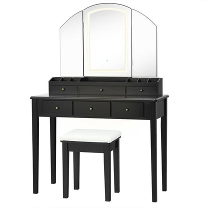 Vanity Table Stool Set with Large Tri-folding Lighted Mirror, Black at Gallery Canada
