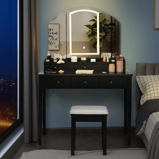 Vanity Table Stool Set, Large Tri-Folding Lighted Mirror, Black Makeup Vanities Black at Gallery Canada