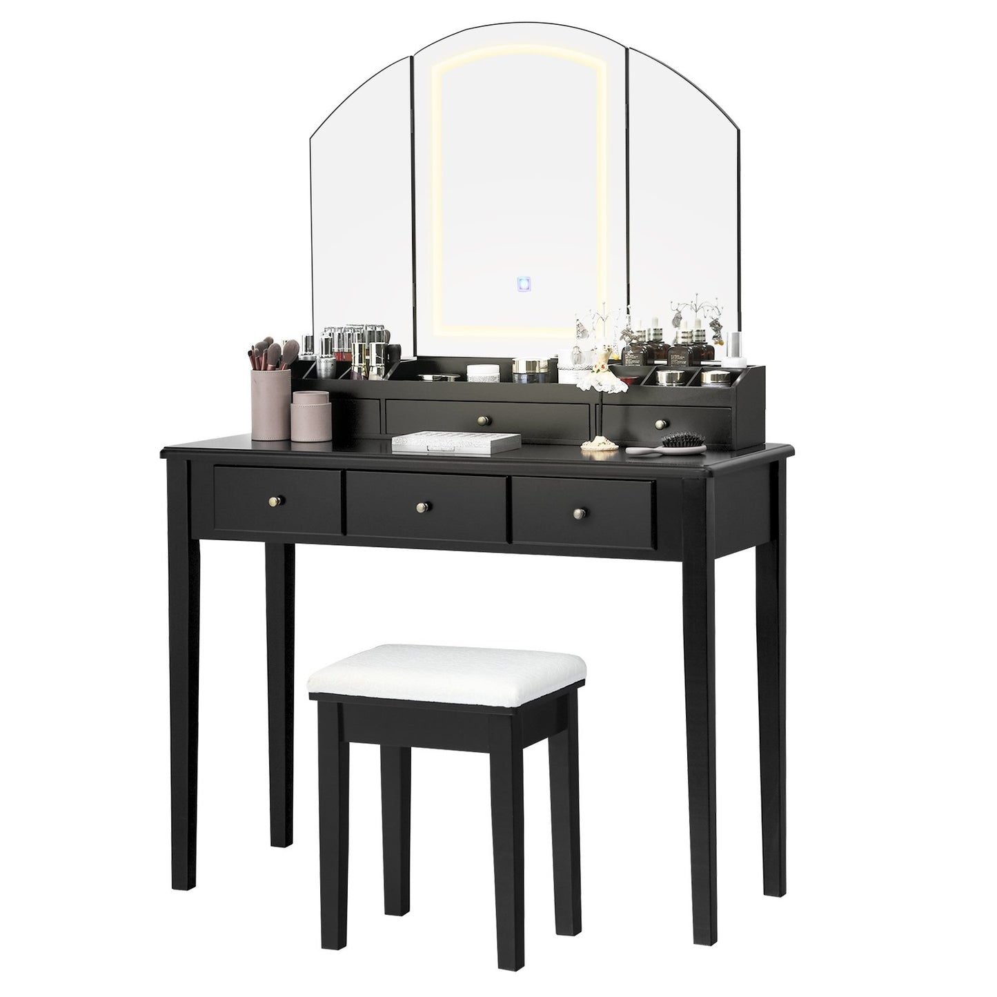 Vanity Table Stool Set with Large Tri-folding Lighted Mirror, Black at Gallery Canada