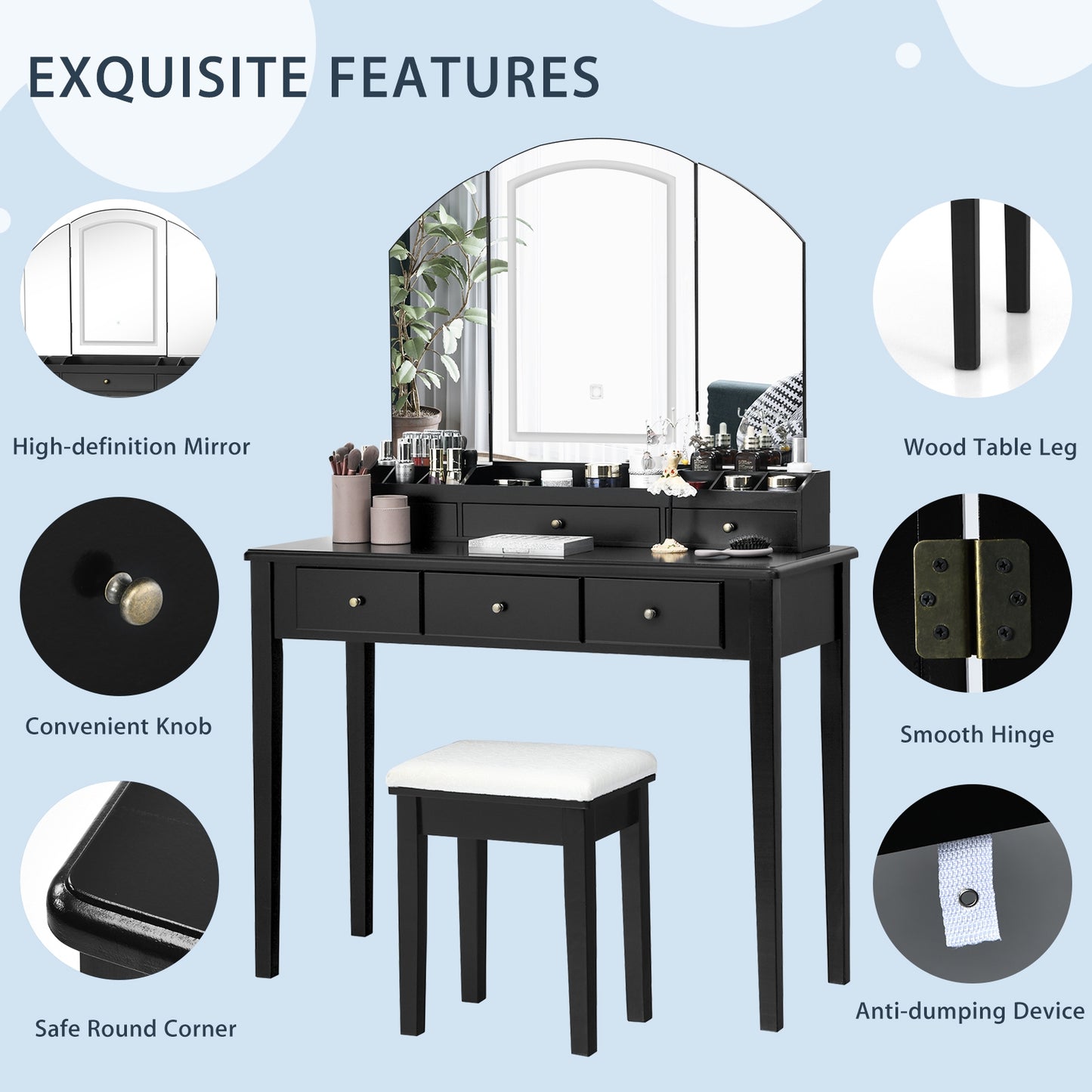Vanity Table Stool Set, Large Tri-Folding Lighted Mirror, Black Makeup Vanities at Gallery Canada