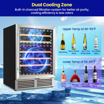 Dual Zone Wine Cooler for 51 Bottles with Reversible Door, Silver