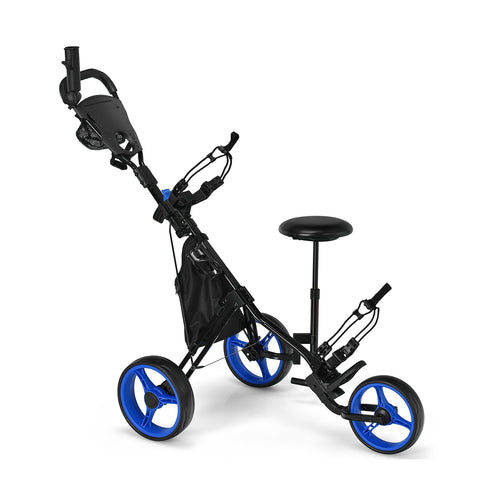 3 Wheels Folding Golf Push Cart with Seat Scoreboard and Adjustable Handle, Blue