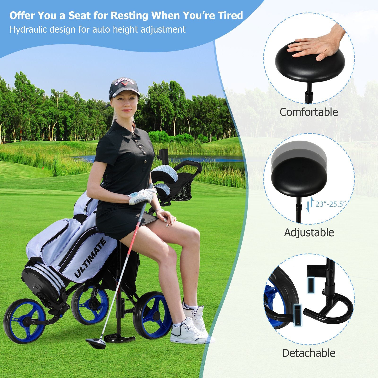 3 Wheels Folding Golf Push Cart with Seat Scoreboard and Adjustable Handle, Blue at Gallery Canada