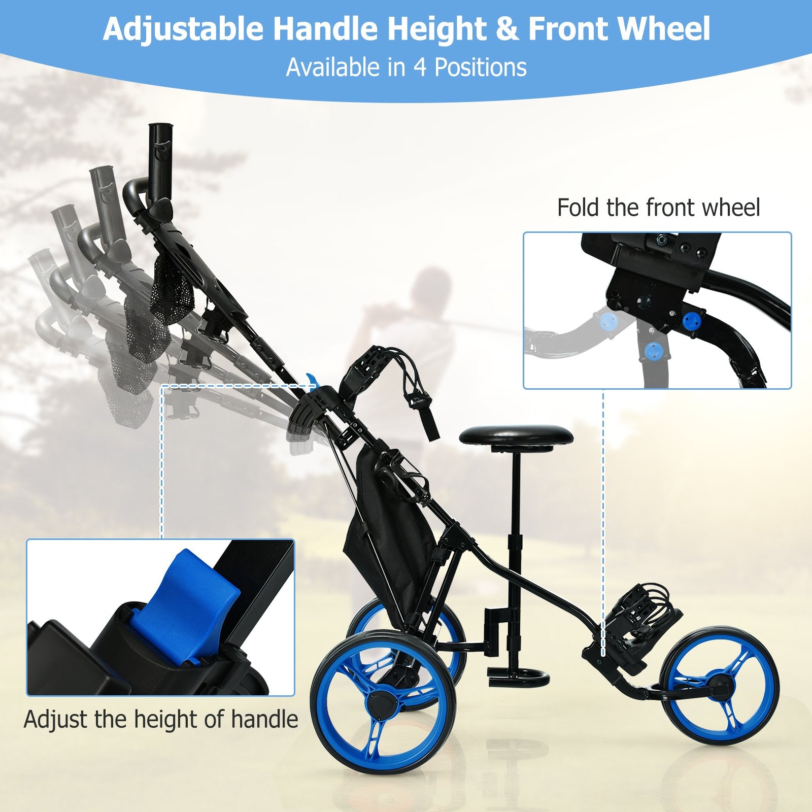 3 Wheels Folding Golf Push Cart with Seat Scoreboard and Adjustable Handle, Blue at Gallery Canada