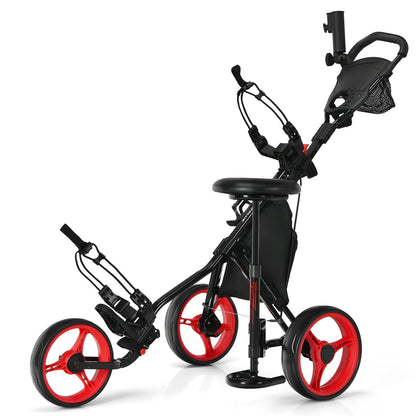 3 Wheels Folding Golf Push Cart with Seat Scoreboard and Adjustable Handle, Red at Gallery Canada