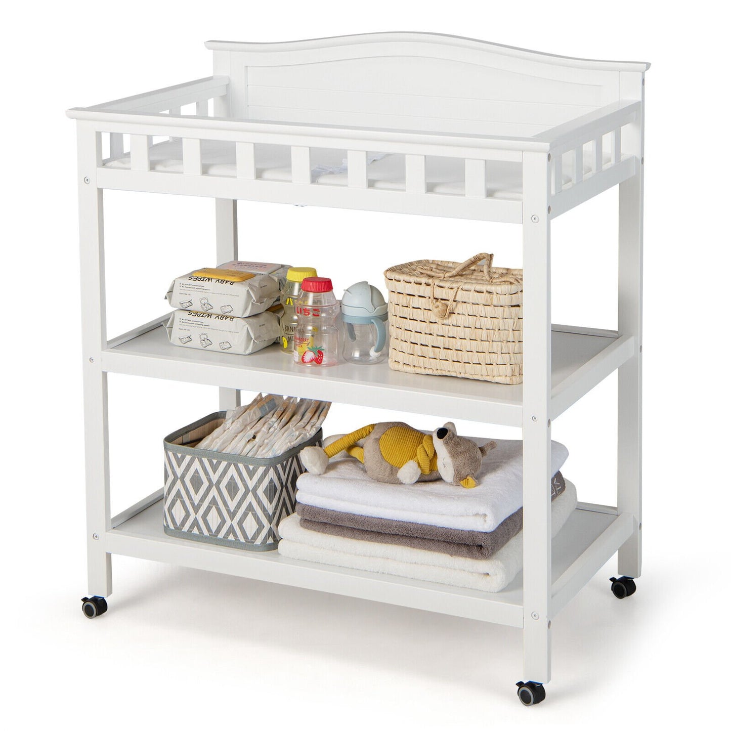 Mobile Changing Table with Waterproof Pad and 2 Open Shelves, White