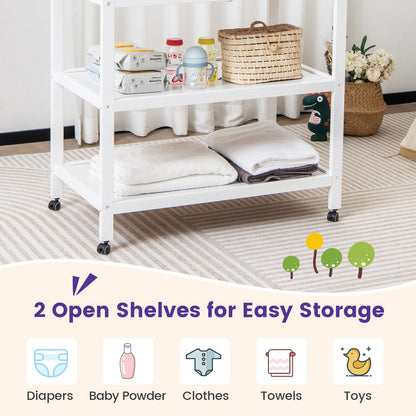 Mobile Changing Table with Waterproof Pad and 2 Open Shelves, White