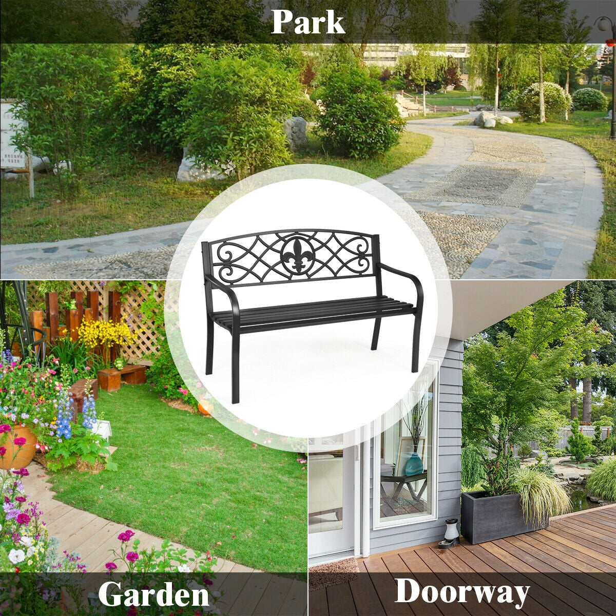 50 Inch Heavy-Duty Metal Garden Bench, Black Outdoor Benches at Gallery Canada