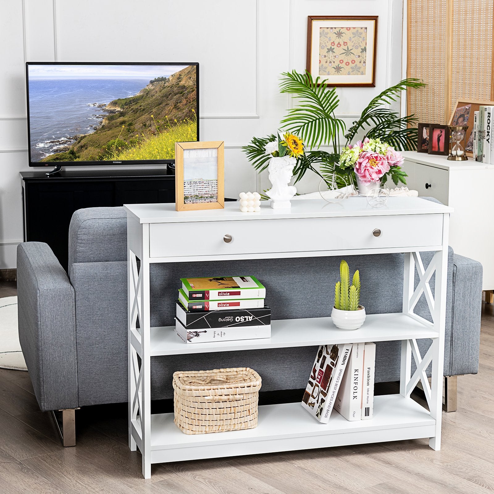 Console Table 3-Tier with Drawer and Storage Shelves, White at Gallery Canada