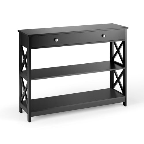 Console Table 3-Tier with Drawer and Storage Shelves, Black