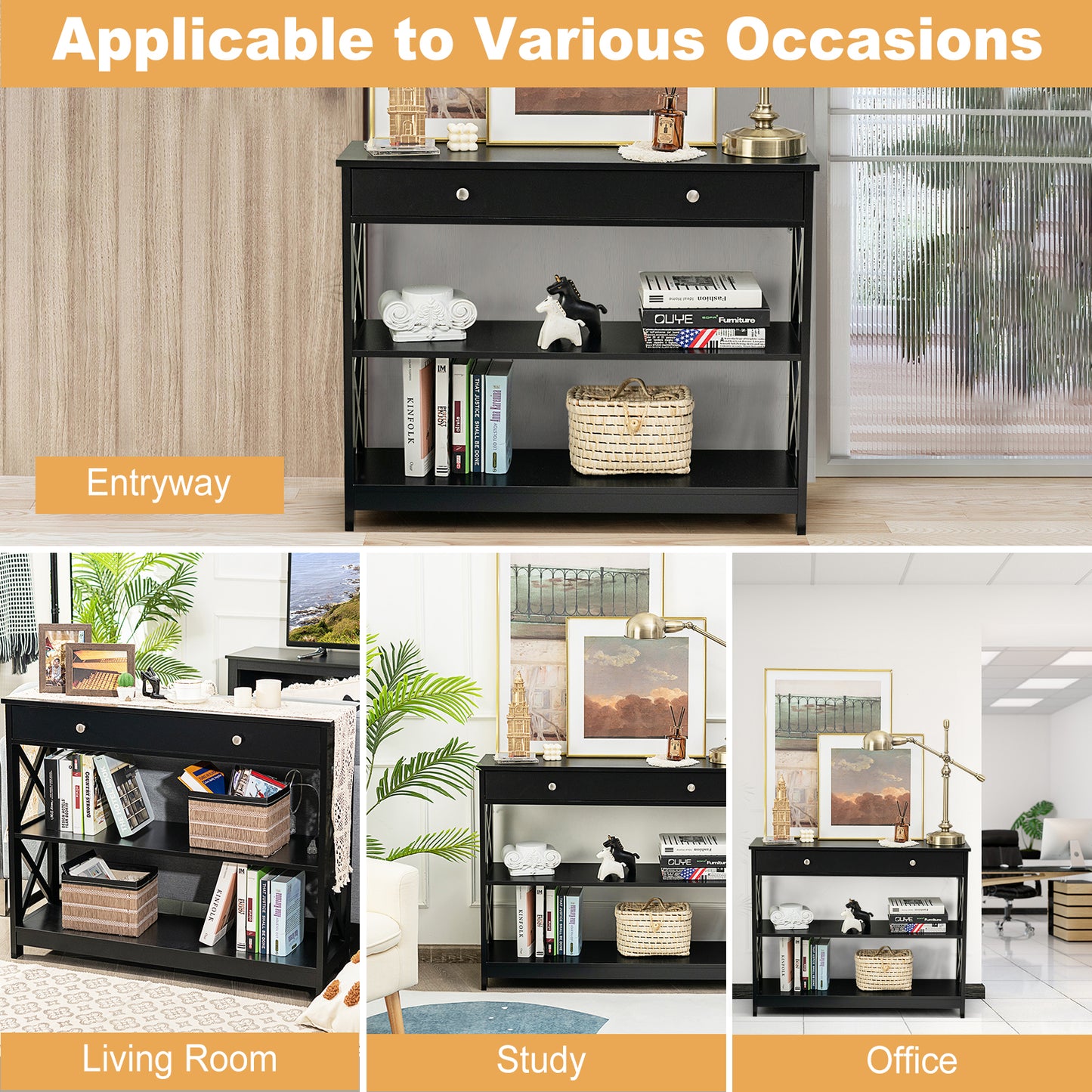 Console Table, 3-Tier with Drawer, Storage Shelves, Black Console Tables at Gallery Canada