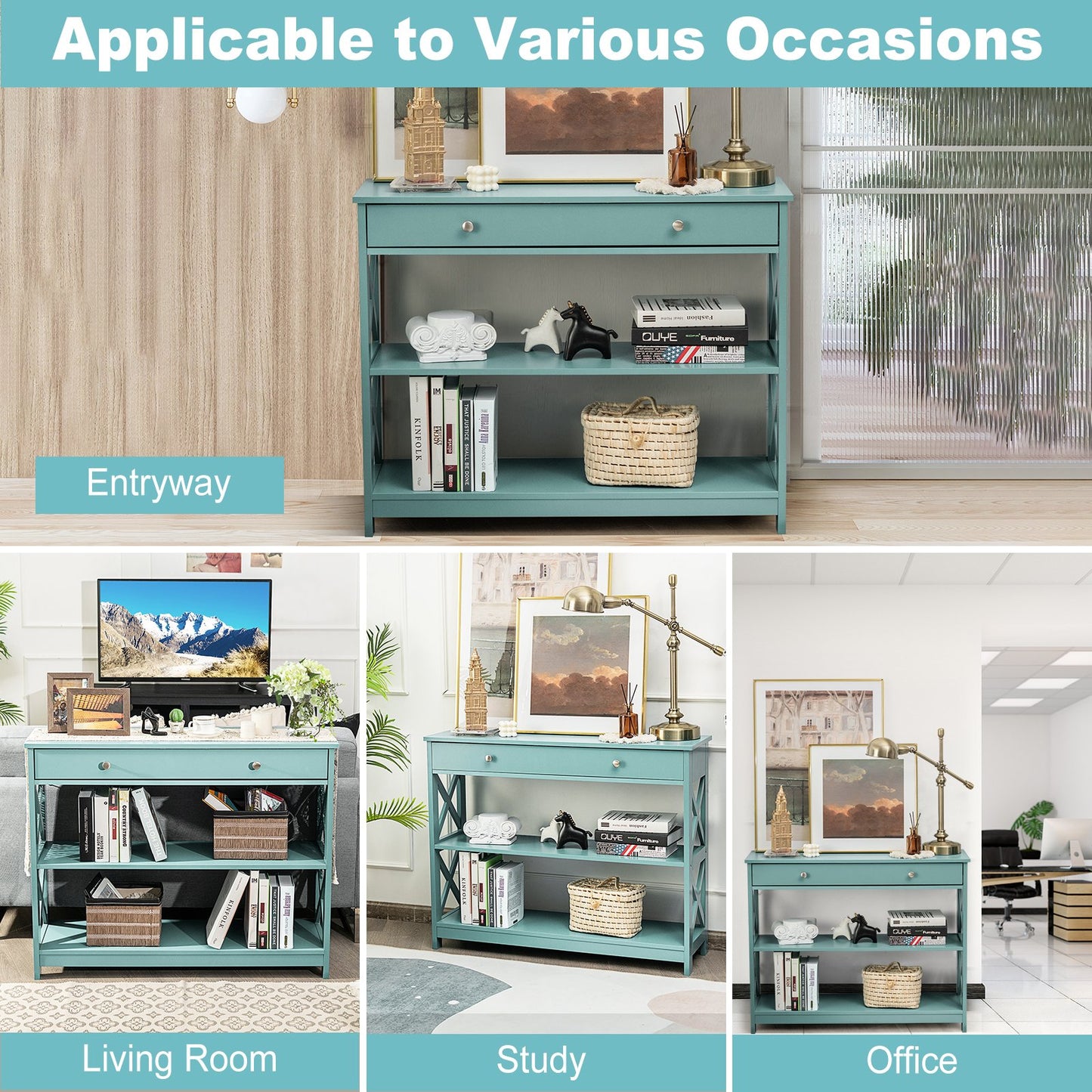 Console Table 3-Tier with Drawer and Storage Shelves, Turquoise at Gallery Canada