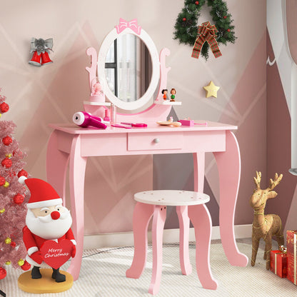 Kid Vanity Table Stool Set with Oval Rotatable Mirror, Pink