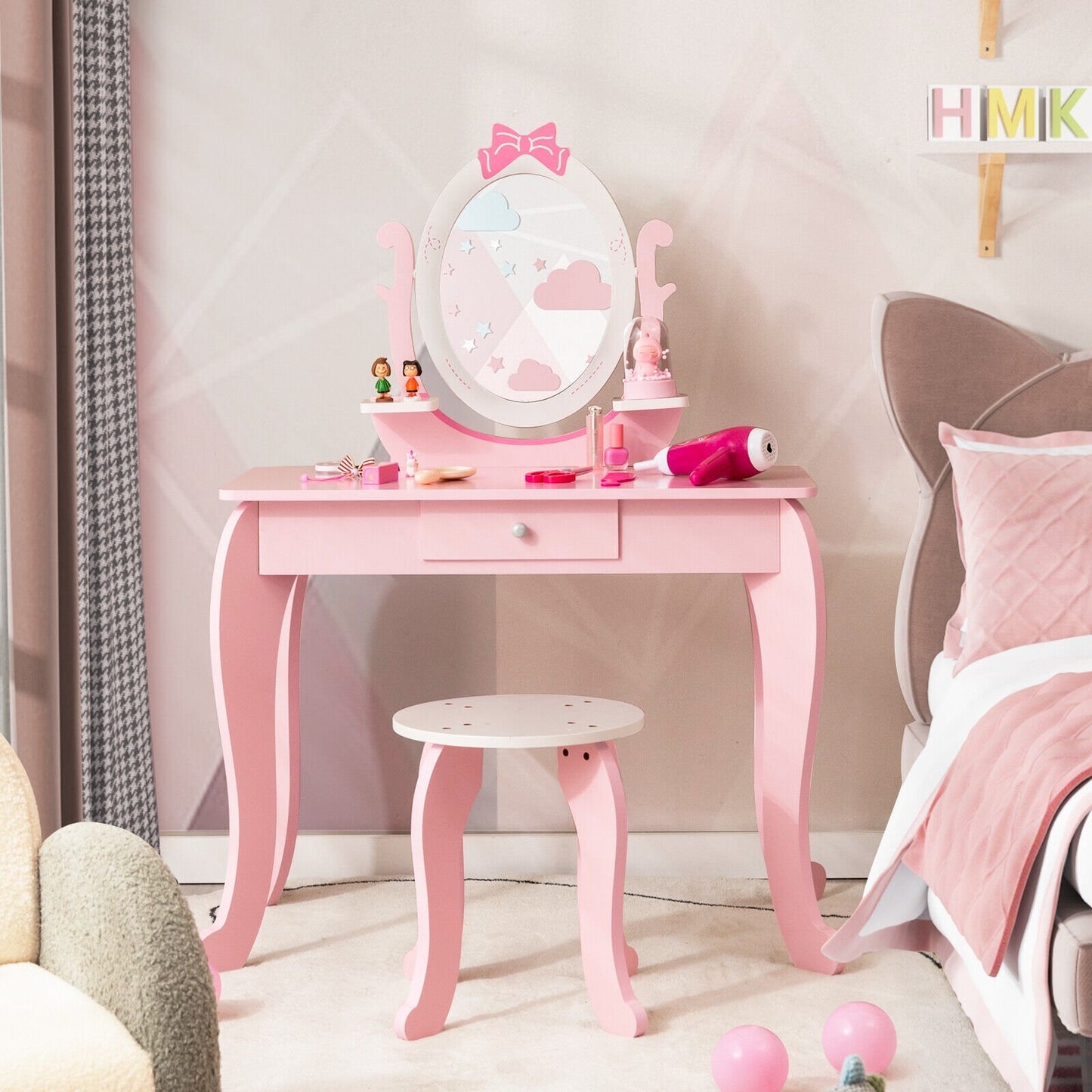 Kid Vanity Table Stool Set with Oval Rotatable Mirror, Pink