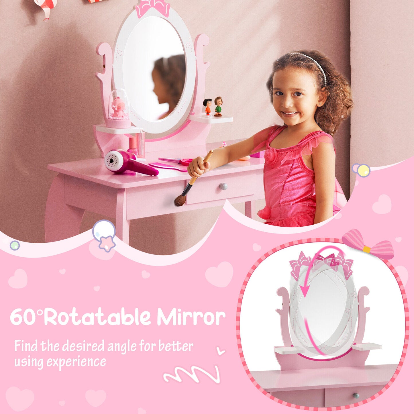 Kid Vanity Table Stool Set, Oval Rotatable Mirror, Pink