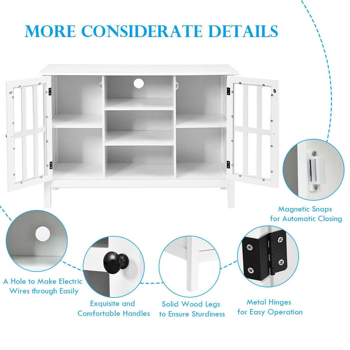 Wooden TV Stand Console Cabinet, 50 Inch, White