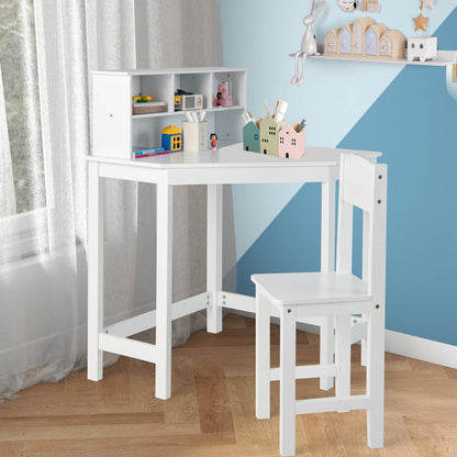 Kids Wooden Corner Desk and Chair Set with Hutch and Storage, White