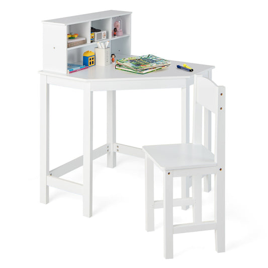 Kids Wooden Corner Desk and Chair Set with Hutch and Storage, White