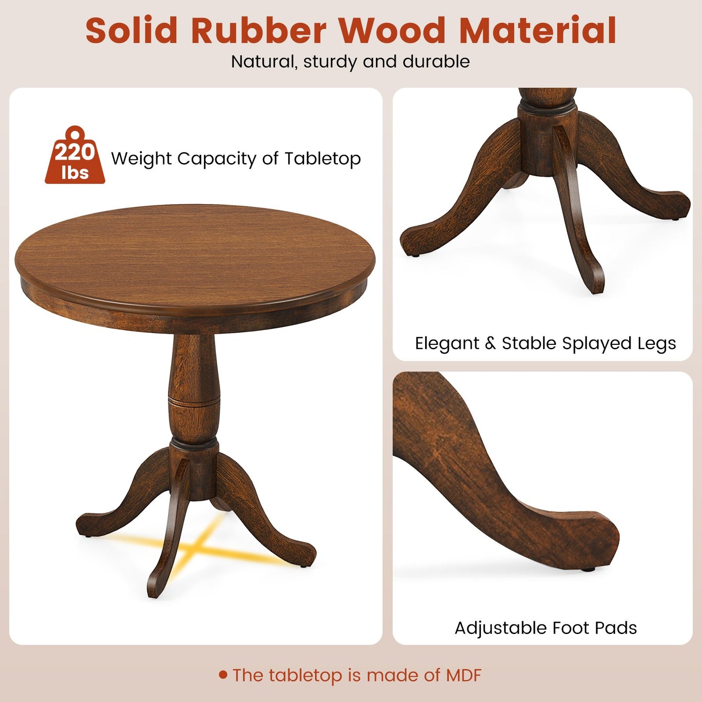 32 Inch Wooden Round Pub Pedestal Side Table, Walnut