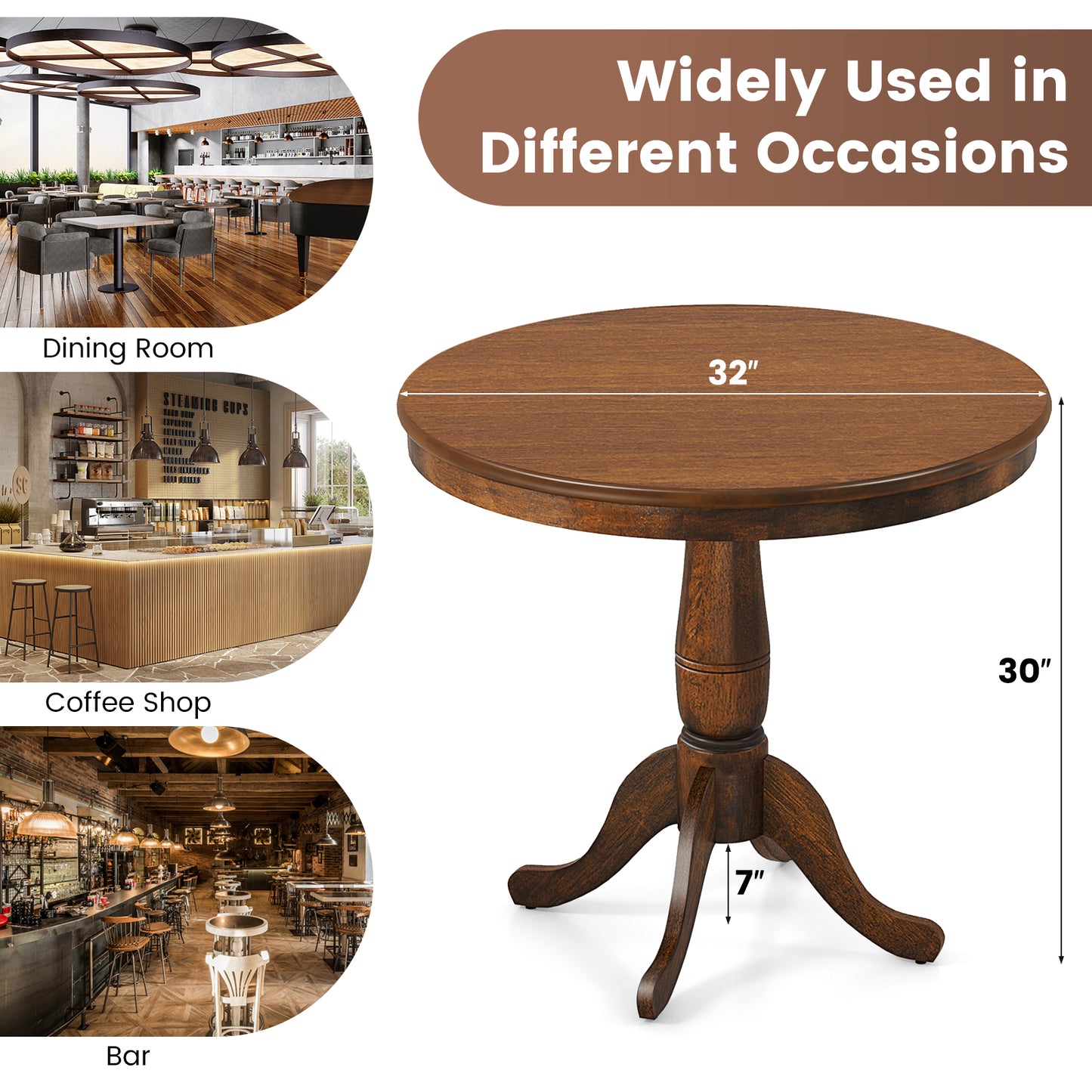 32 Inch Wooden Round Pub Pedestal Side Table, Walnut