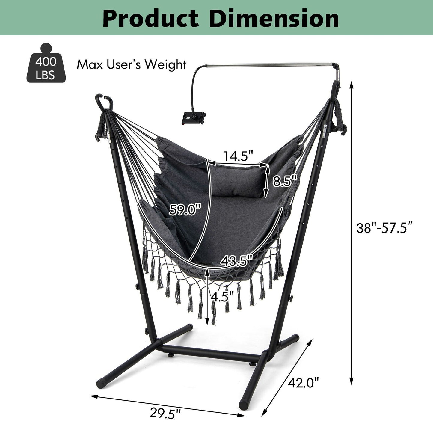 Height Adjustable Hammock Chair with Phone Holder and Side Pocket, Gray