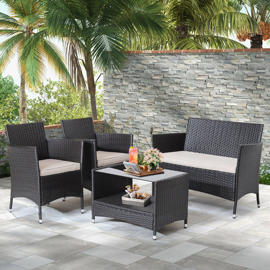 4 Piece Patio Conversation Set, With Cushions And Tempered Glass Tabletop, Brown Patio Furniture Sets Brown at Gallery Canada